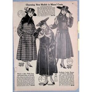 1917 Bellas Hess Misses Coats Womens Fashion Catalog Page Antique Ephemera